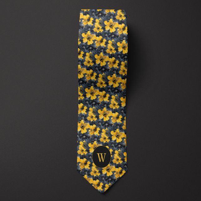 Cravate Aquarelle jaune et noire Monogramme floral (Créateur téléchargé)