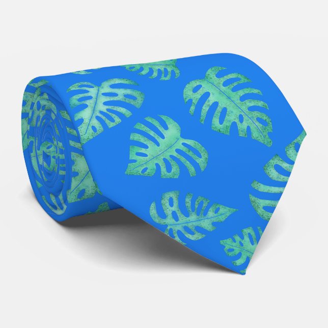 Cravate Aquarelle Monstera Feuilles sur Bleu Bleu (Roulé)