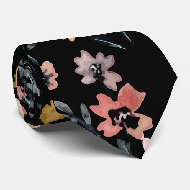 Cravate Aquarelle noire moderne Motif botanique floral (Roulé)