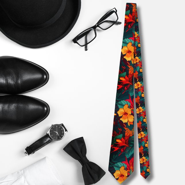 Cravate Aquarelle orange motif hawaïen (Créateur téléchargé)