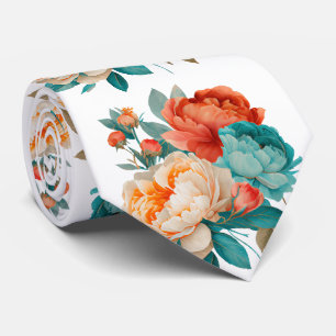 Cravate Aquarelle orange turquoise Motif floral