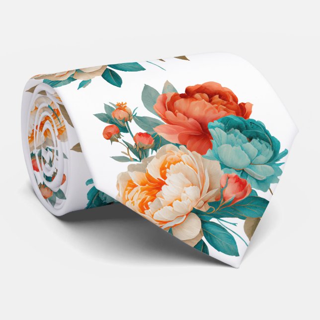 Cravate Aquarelle orange turquoise Motif floral (Roulé)
