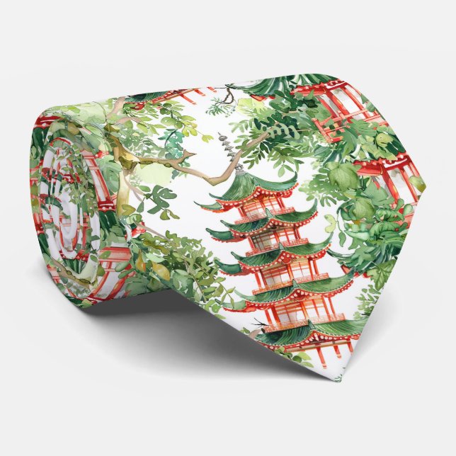 Cravate Aquarelle Pagode asiatique dans paysage verdoyant  (Roulé)