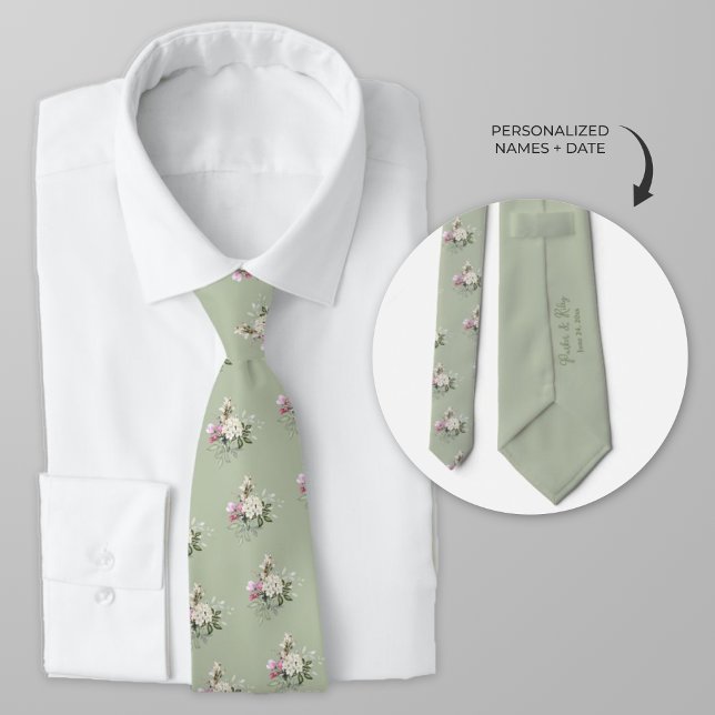 Cravate Aquarelle personnalisée Roses roses roses (Sage green personalized wedding tie with pink roses)