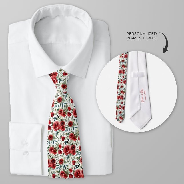 Cravate Aquarelle personnalisée Roses rouges (Personalized red roses wedding party neck tie)