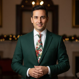 Cravate Aquarelle poinsettia et saint motif Noël