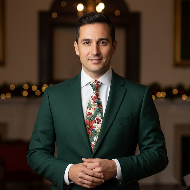 Cravate Aquarelle poinsettia et saint motif Noël (Créateur téléchargé)