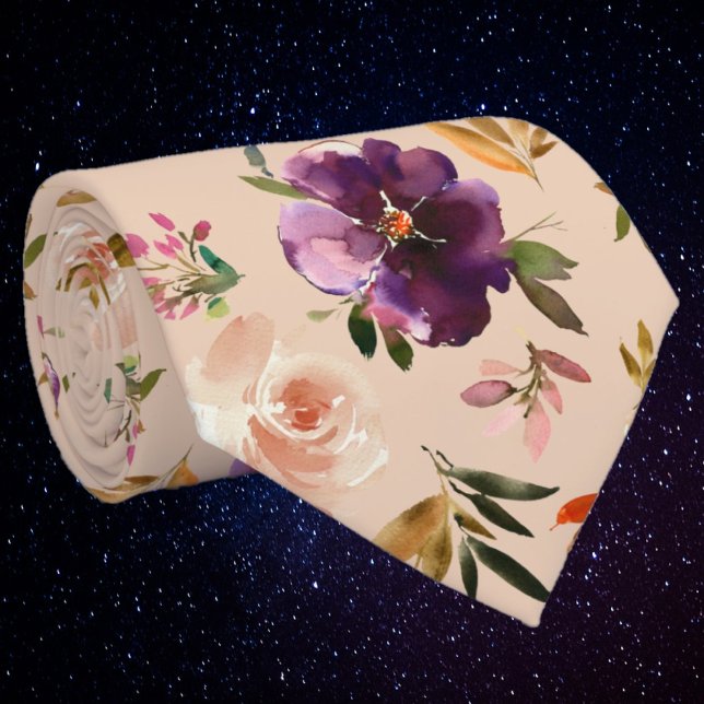 Cravate Aquarelle rose pourpre et bleu Rose cou (Créateur téléchargé)