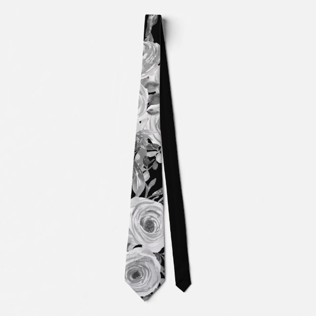 Cravate Aquarelle Roses noir et blanc et gris (Devant)