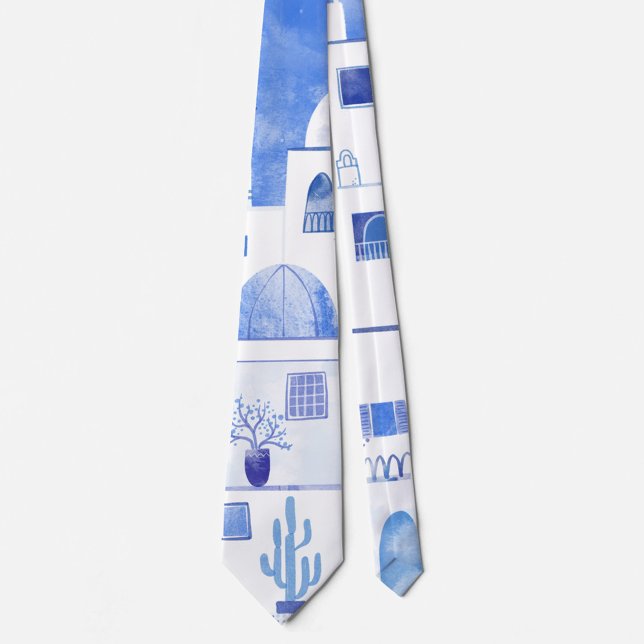 Cravate Aquarelle Santorin Grèce (Watercolor blue and white Santorini Greece art neck tie)