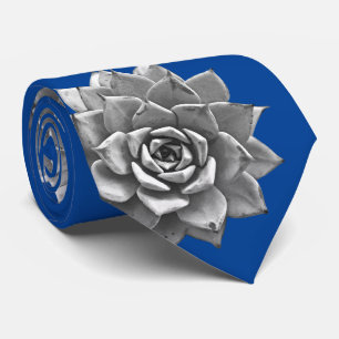 Cravate Aquarelle Succulents Gris sur Bleu