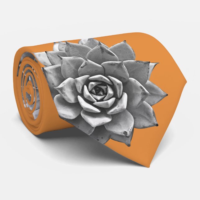 Cravate Aquarelle Succulents Gris sur orange (Roulé)