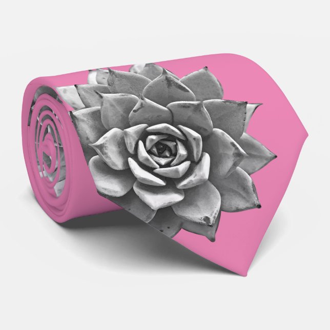 Cravate Aquarelle Succulents Gris sur rose (Roulé)