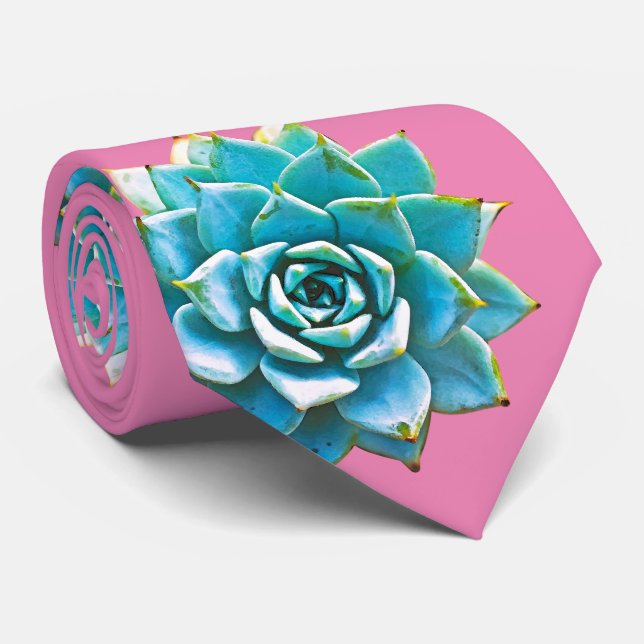 Cravate Aquarelle Succulents sur rose (Roulé)