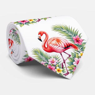Cravate Aquarelle tropicale flamant rose floral hawaïen