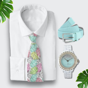 Cravate Aquarelle Turquoise Hawaïen Bleu Aqua Monstera