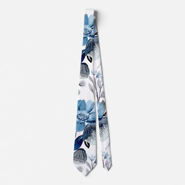 Cravate Aquarelle Vintage bleue motif floral (Devant)