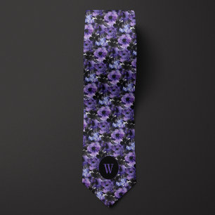 Cravate Aquarelle violette et noire Monogramme floral