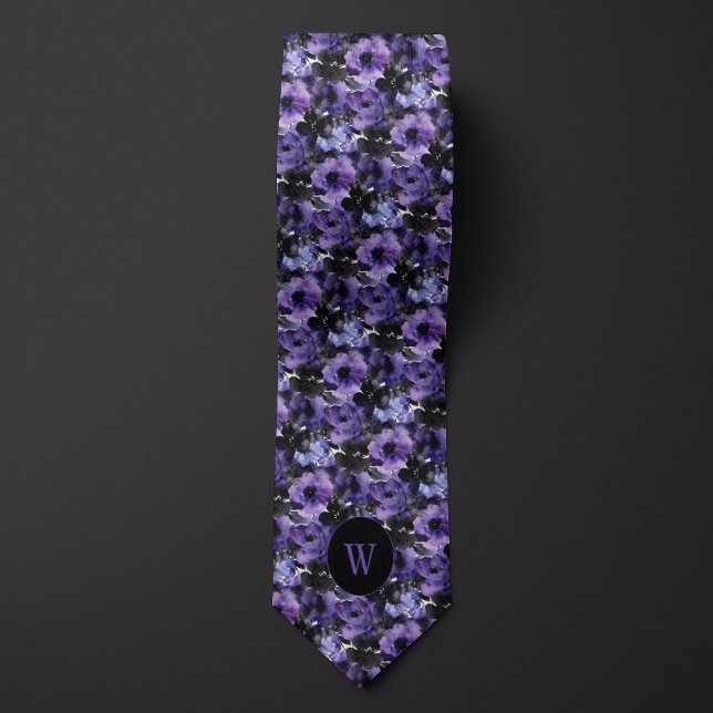 Cravate Aquarelle violette et noire Monogramme floral (Créateur téléchargé)