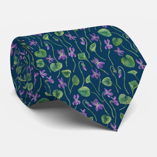 Cravate Aquarelles violettes sur fond bleu (Roulé)
