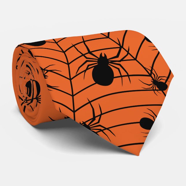 Cravate Araignées Orange Noires toile d'araignée motif Hal (Roulé)