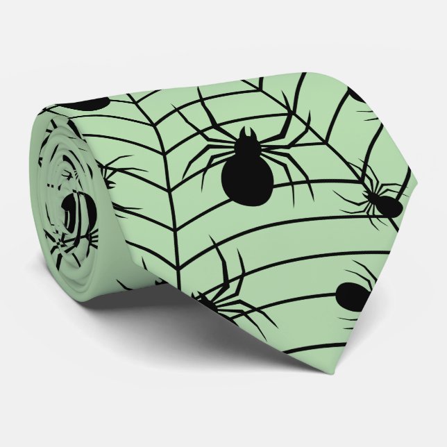 Cravate Araignées vert noir toile d'araignée motif Hallowe (Roulé)