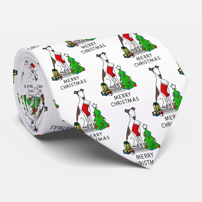 Cravate Arbre de Noël 2 Greyhound (blanc broché) Chien Amu (Roulé)