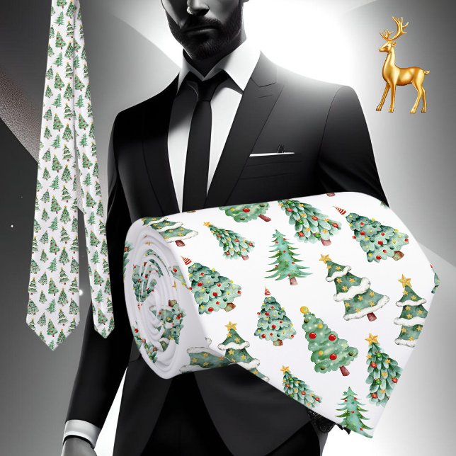 Cravate Arbre de Noël motif blanc vert hiver (Christmas tree necktie white green)