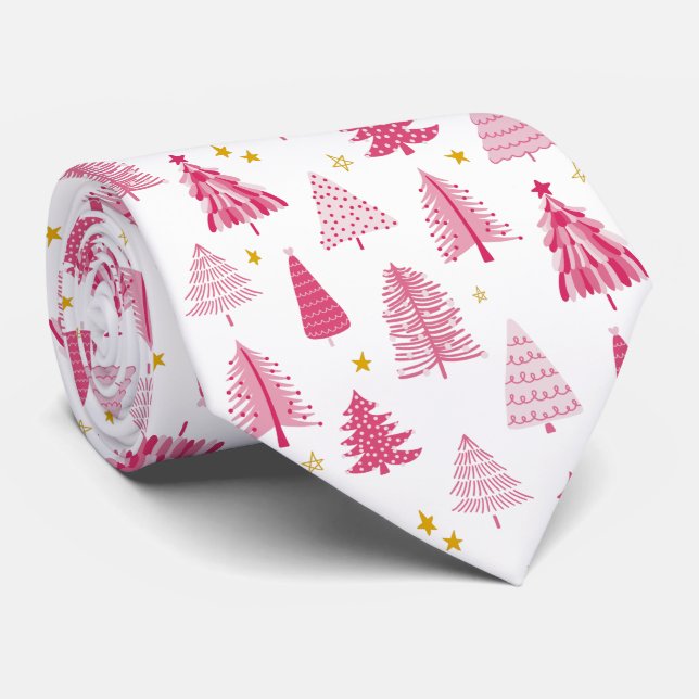 Cravate Arbre de Noël rose pour les fêtes de fin d'année (Roulé)