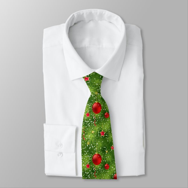 Cravate Arbre de Noël vert et ornements de Noël (Attaché)
