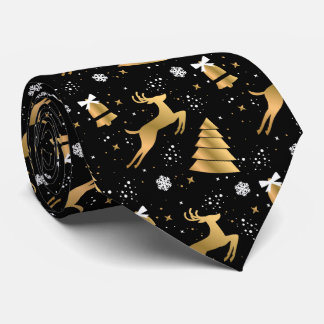 Cravate Arbres de cerfs noirs et d'or Stars Snowflakes