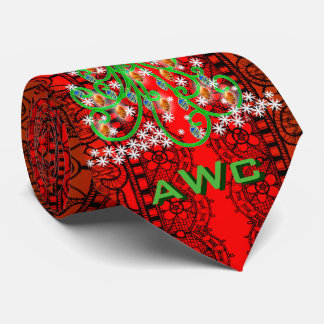 Cravate Arbres de Noël sur dentelle noire sur rouge (Monog