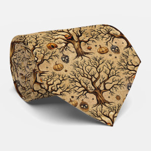 Cravate Arbres vintages et lanternes Citrouilles Motif