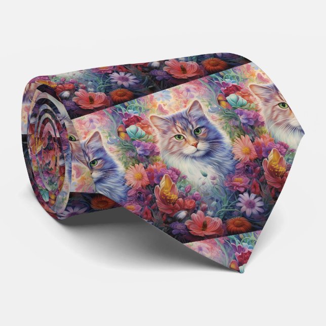 Cravate Arc-en-ciel Fleurs de chats Boho (Roulé)