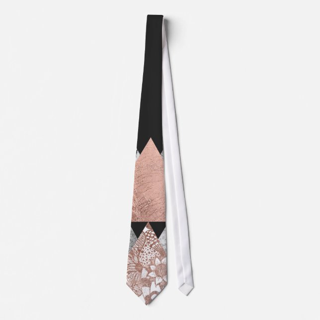 Cravate Argent rose d'or de marbre et triangles florales (Devant)