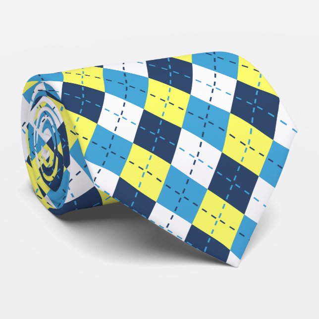 Cravate Argyle Bleu Framboise Lemon Jaune Prépa  (Roulé)