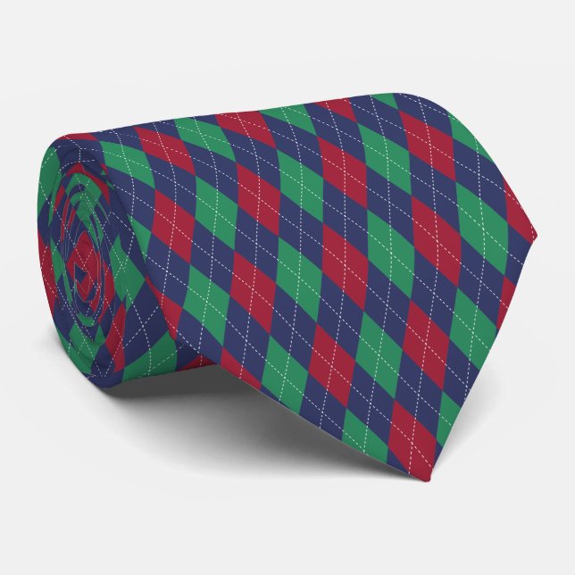 Cravate Argyle Bleu Rouge Vert Noël Classique (Roulé)