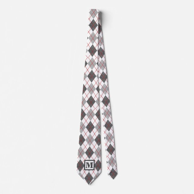 Cravate Argyle Carreaux Rouge Gris Argent Monogramme Perso (Devant)