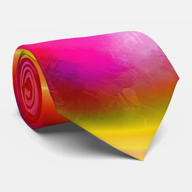 Cravate Art Abstrait rouge rose jaune original (Roulé)