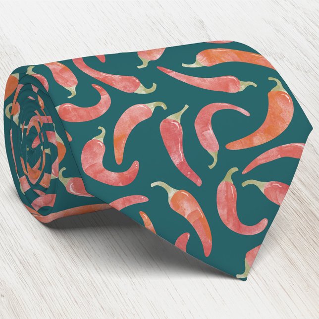 Cravate Art aquarelle poivron rouge sarcelle vert (Red chili pepper hot and spicy watercolor neck tie for chef, cook, foodie, restaurant, cafe, diner)