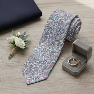 Cravate Art de Paisley Rose Pêche Pastel Élégant Bleu Clai