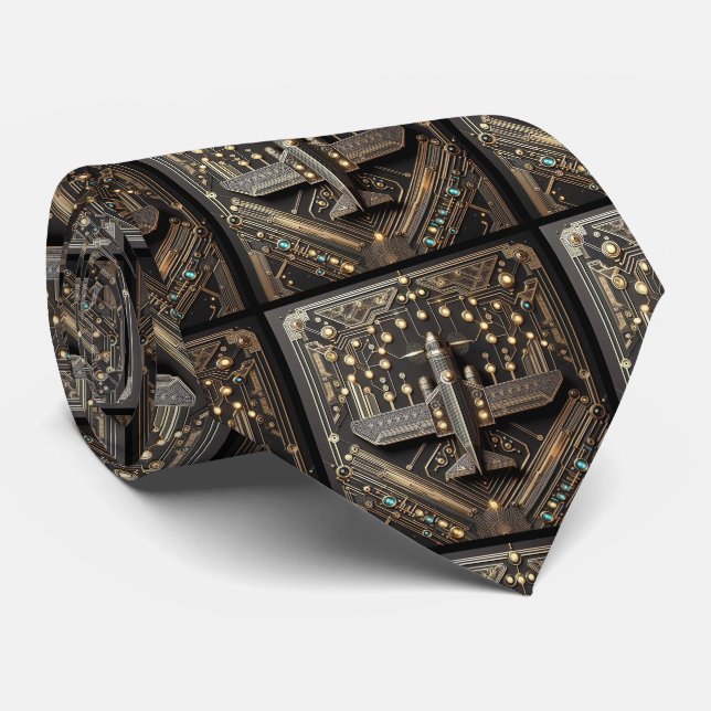 Cravate Art Deco Airplane Art Deco Circuit Board  (Roulé)