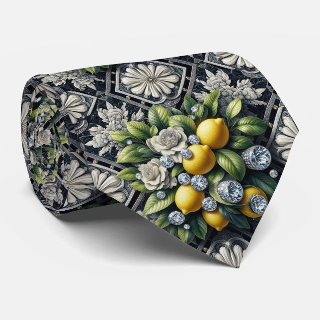 Cravate Art Déco Amalfi Citron Noir et Blanc Diamants  (Roulé)