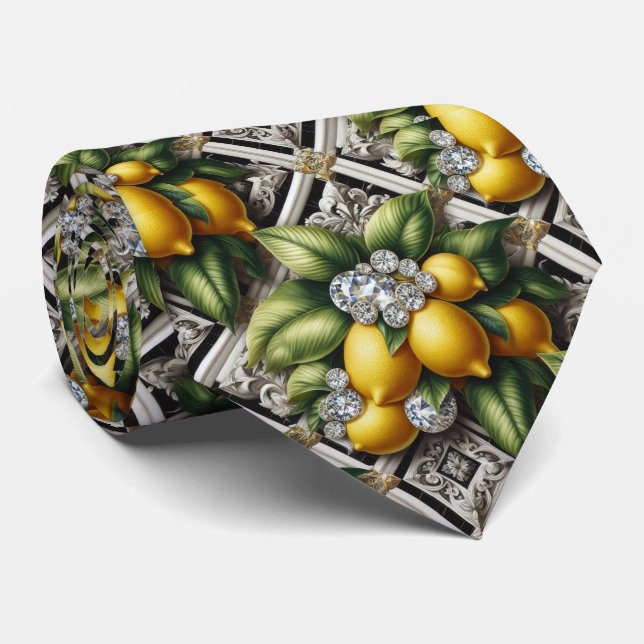 Cravate Art Déco Amalfi Lemon Noir et Blanc Diamants  (Roulé)