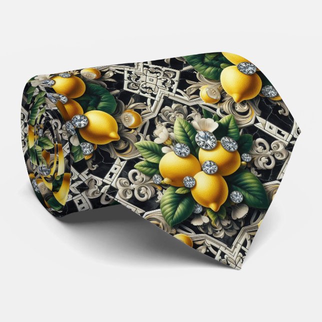 Cravate Art Déco Amalfi Lemon Noir et Blanc Diamants  (Roulé)