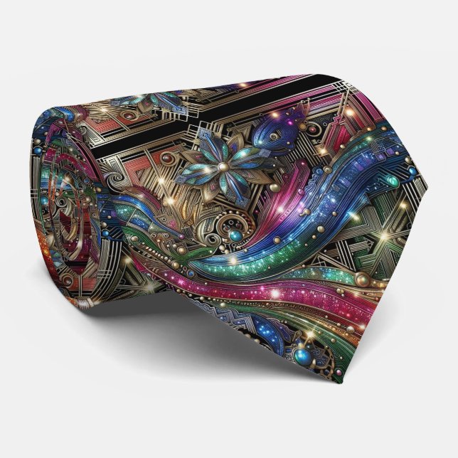 Cravate Art Deco Art Nouveau Rainbow Circuit Board Necktie (Roulé)