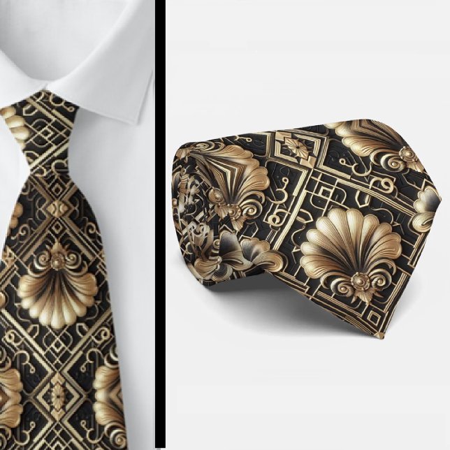 Cravate Art Deco Black and Gold Seashell Pattern Neck Tie (Créateur téléchargé)