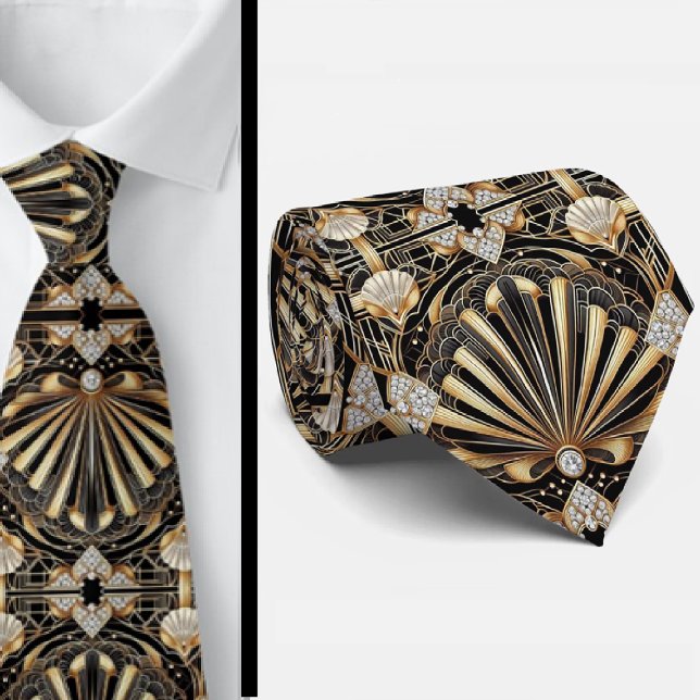 Cravate Art Deco Black and Gold Seashell Pattern Neck Tie (Créateur téléchargé)