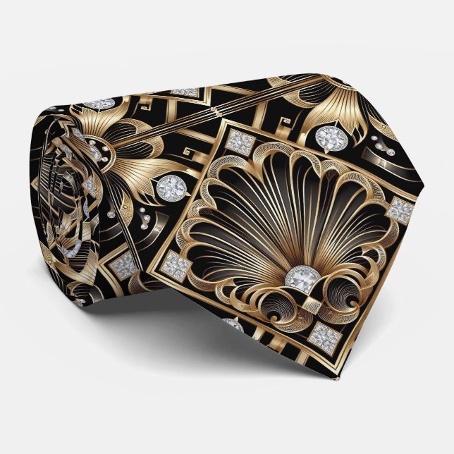 Cravate Art Deco Black and Gold Seashell Pattern Neck Tie (Roulé)