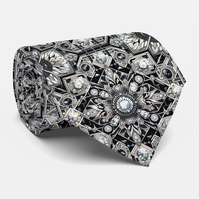 Cravate Art Déco Diamants Noir et Blanc (Roulé)